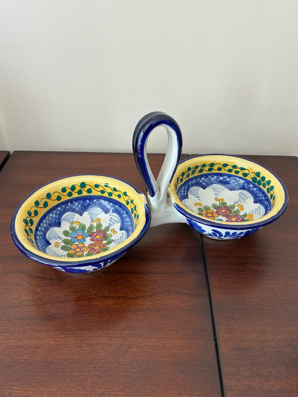 Talavera Hand Painted Double Sided Ceramic Condiment Dish Floral Multicolor